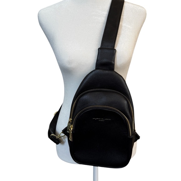 INICAT Black Faux Leather Sling Bag Crossbody Chest Backpack Mini Travel Purse - Picture 1 of 6